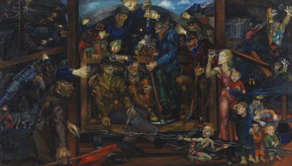 Oil on canvas depiction of a group of people, including miners with associated gear.