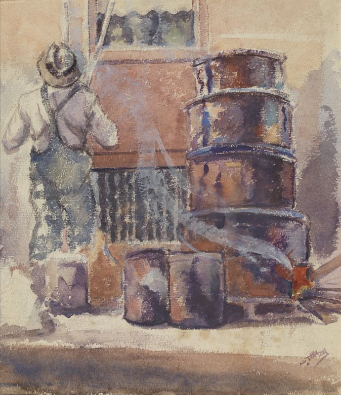 Gouache on paper featuring a person with their back turned next to oil barrels.