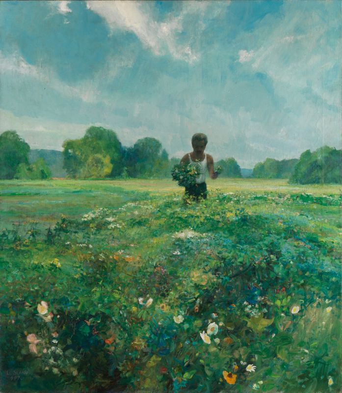 Oil on canvas painting of a person in a green field with blue skies above.