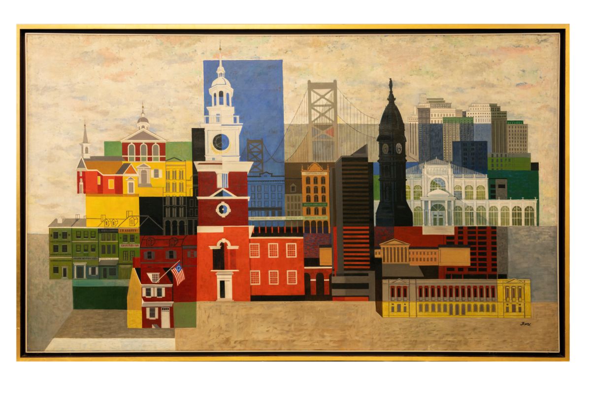 Oil on canvas painting featuring buildings in industrial Philadelphia.