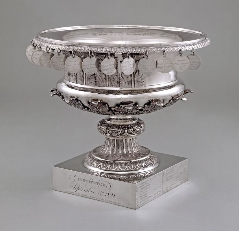 Silver trophy bowl of United Bowmen with founders/members' names, including Franklin and Titan R. Peale, and Thomas Sully.