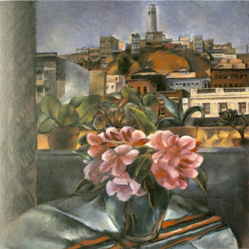 Oil on canvas painting depicting a view from a window overlooking buildings and trees with a flower arrangement in the foreground.
