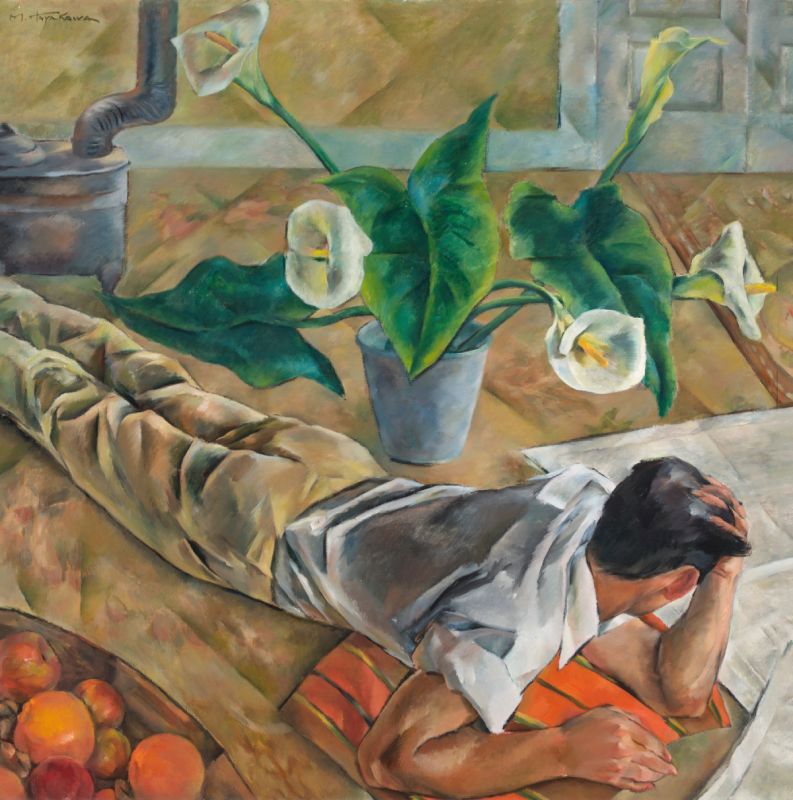 Oil on canvas painting of a person laying down on their stomach, looking away with their head propped on their hand, with oranges in the foreground.