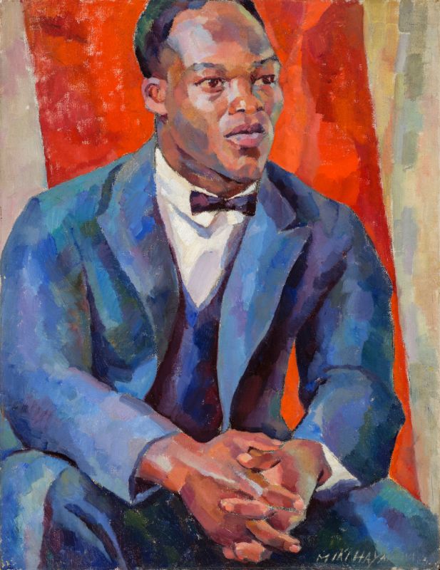 Oil on canvas painting of a Black man wearing a blue suit in front of a red background.