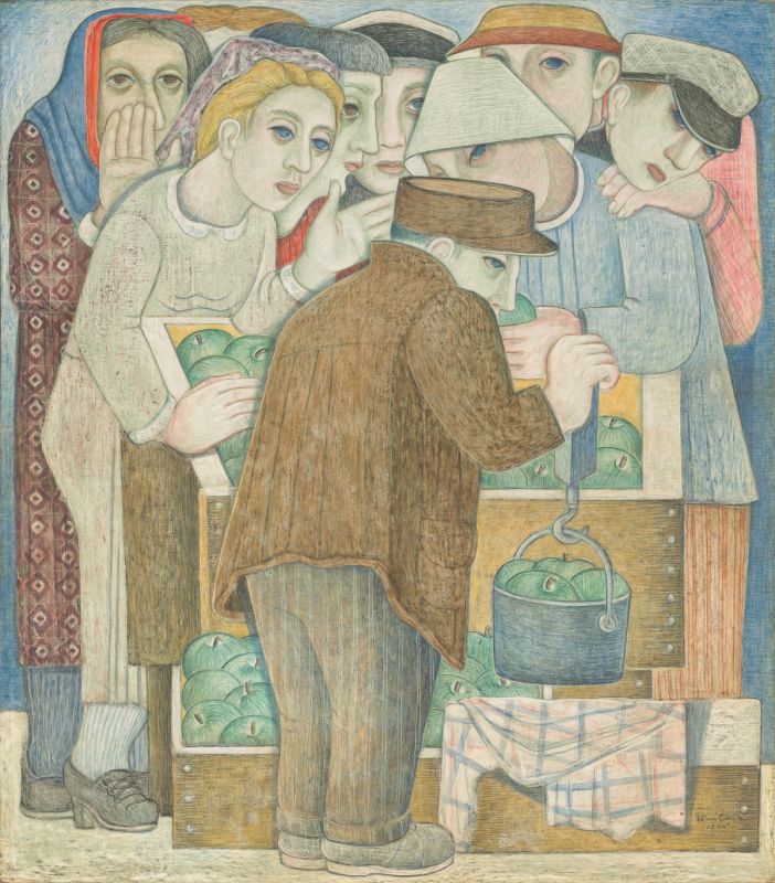 Tempera on hardboard depicting a group of people focused on a grocer weighing produce.