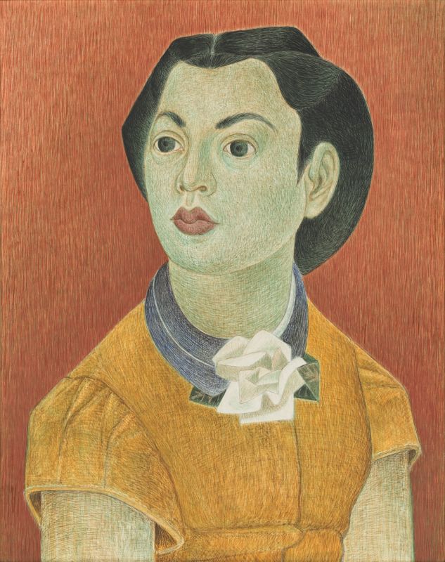 Tempera on panel depiction of a woman with black hair and an orange dress against a dark orange background.