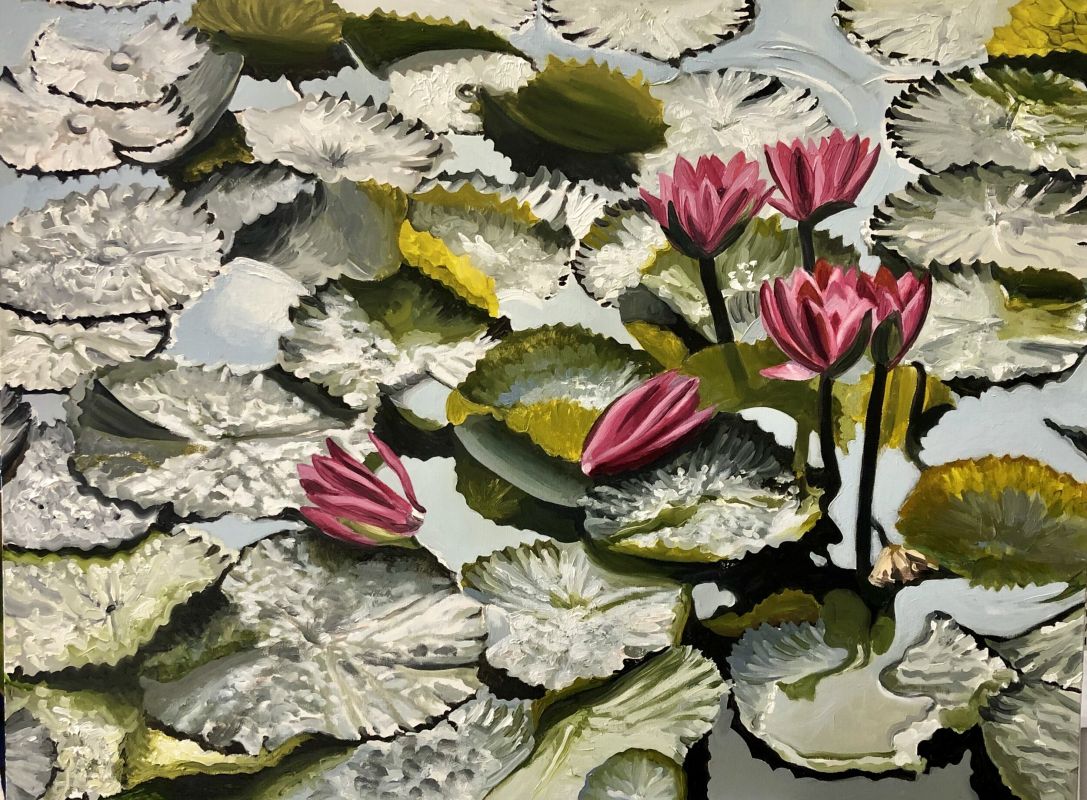 Oil on canvas painting depicting water lily pads.