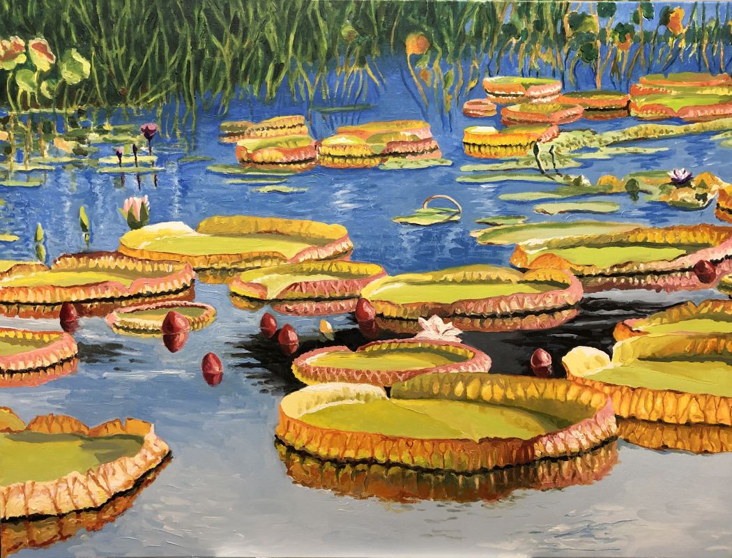 Oil on canvas painting depicting water lily pads.