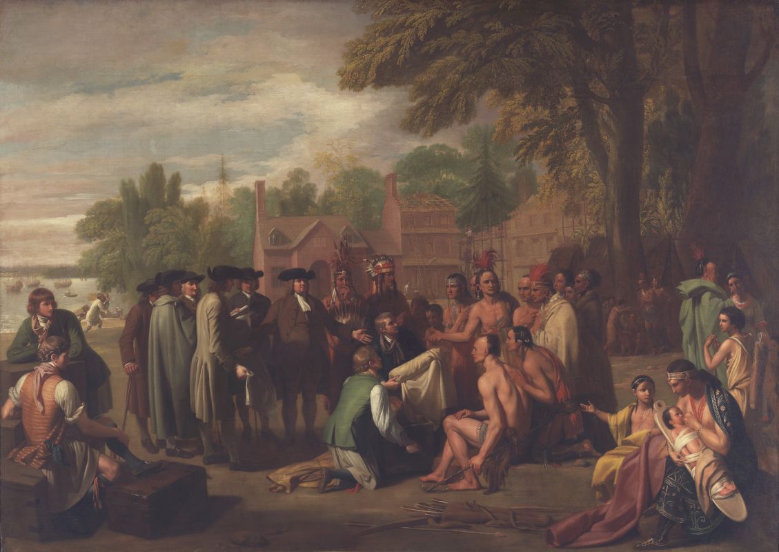 Benjamin West depicts William Penn meeting with Lenni Lenape leaders in a symbolic scene of peace and unity, blending Quaker ideals with Neoclassical style.