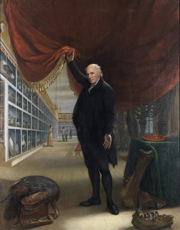 Charles Willson Peale lifts a curtain to reveal his museum gallery filled with natural specimens, portraits, and family visitors, symbolizing his dedication to education and American art.