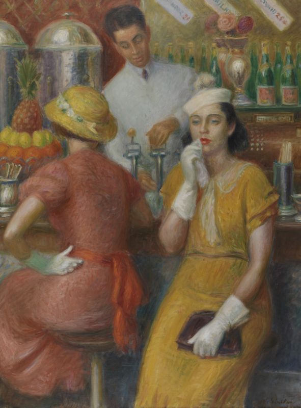 William James Glackens paints a pastel-hued soda shop scene featuring his son as the clerk, blending middle-class realism with Impressionist-inspired brushwork.