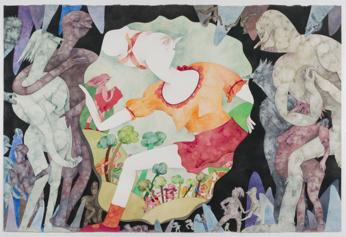 A whimsical watercolor by Gladys Nilsson titled Checking Out the Other Side, filled with layered figures and surreal details that playfully explore perception and imagination.