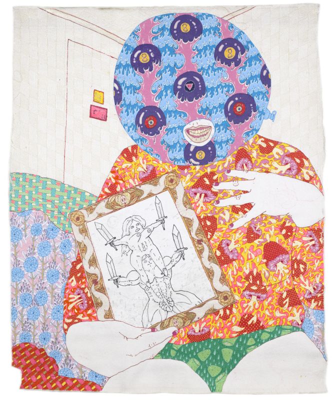 A textile artwork by Craig Calderwood combining paint and thread on upholstery fabric, reflecting childhood perceptions of gender through intricate, expressive detail.