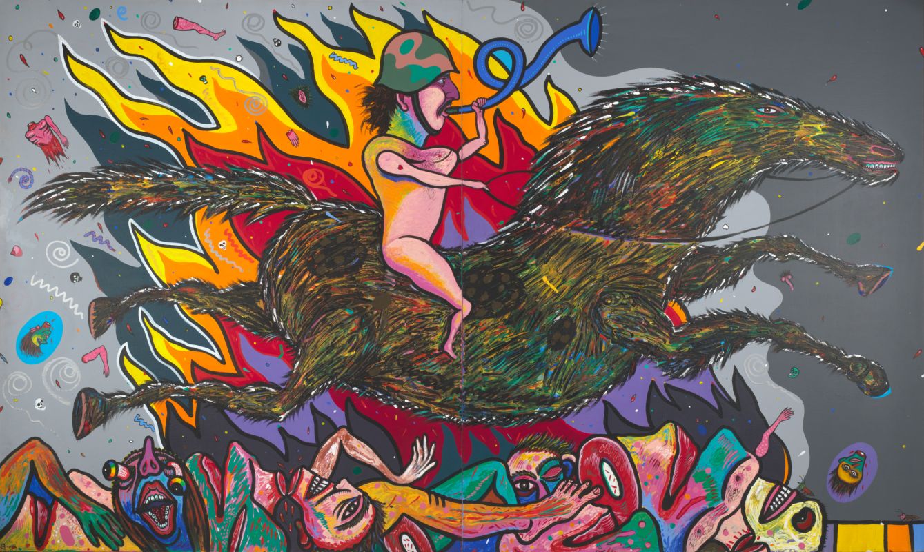 A large, vividly colored acrylic self-portrait by Luis Cruz Azaceta, expressing apocalyptic anxiety through distorted, emotive figuration.