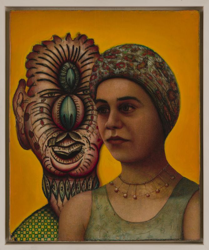 A detailed oil and alkyd painting by Gregory Gillespie depicting a woman and a surreal demon figure, exploring psychological tension and inner conflict.