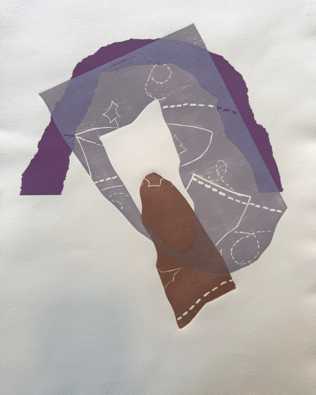 an abstract print that appears to use layered elements, some of which feature white dashed lines resembling sewing patterns. 