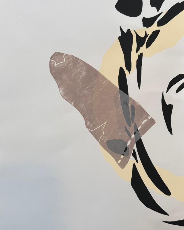 a contemporary abstract print, likely a giclée print or canvas reproduction, featuring abstract shapes in brown, black, and beige tones.