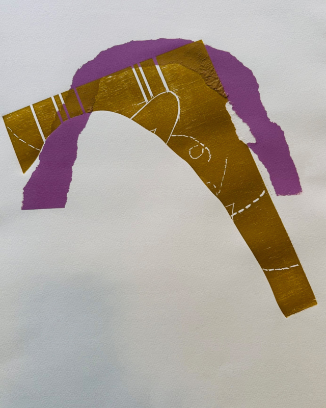 an abstract print featuring shapes in purple and brown hues.