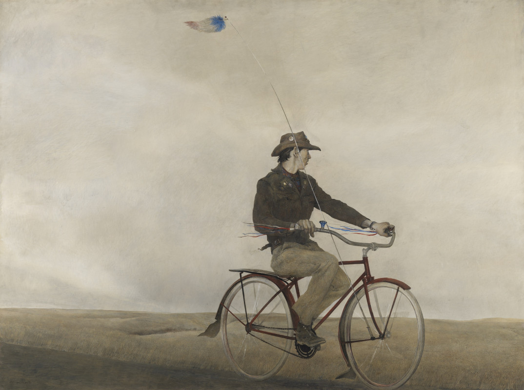 a painting of a young man riding a red bicycle across a barren landscape under a pale sky, flying a small blue, bird-shaped kite.