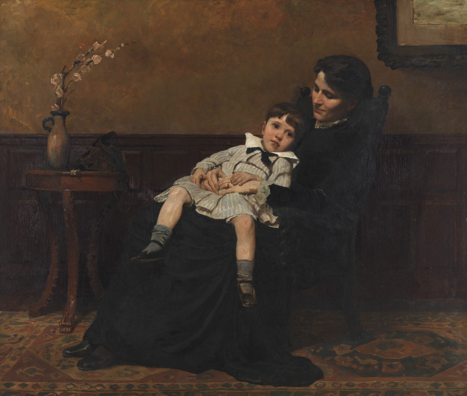 A softly lit 19th-century painting of a young child reclining indoors, their pale clothing and relaxed posture conveying tenderness and vulnerability, with muted tones and gentle brushwork creating an intimate, contemplative mood.