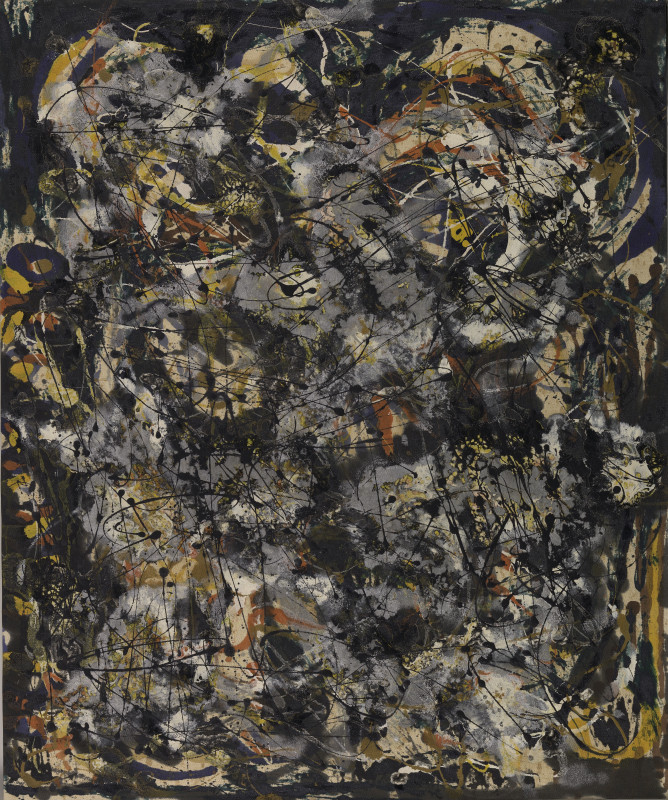 An abstract expressionist drip painting by Jackson Pollock, featuring a dense, all-over composition of looping and tangled lines in black, white, gray, and metallic silver on a dark red/brown background. 