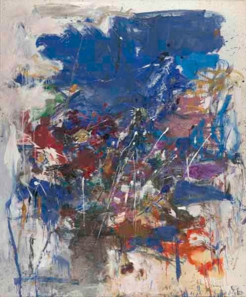 An abstract expressionist oil painting with dynamic, gestural brushstrokes. The canvas is dominated by vibrant blues at the top that bleed into a chaotic, energetic mix of reds, purples, yellows, and whites below.