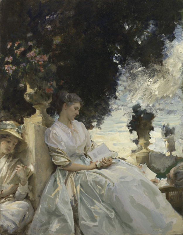 An impressionistic oil painting depicting two women lounging in a sunlit Corfu garden, one seated on a stone ledge reading in a white and pale blue dress, the other reclining in a straw hat and white dress, set against dark foliage and bright sky reflected in water, rendered with broad, expressive brushstrokes.