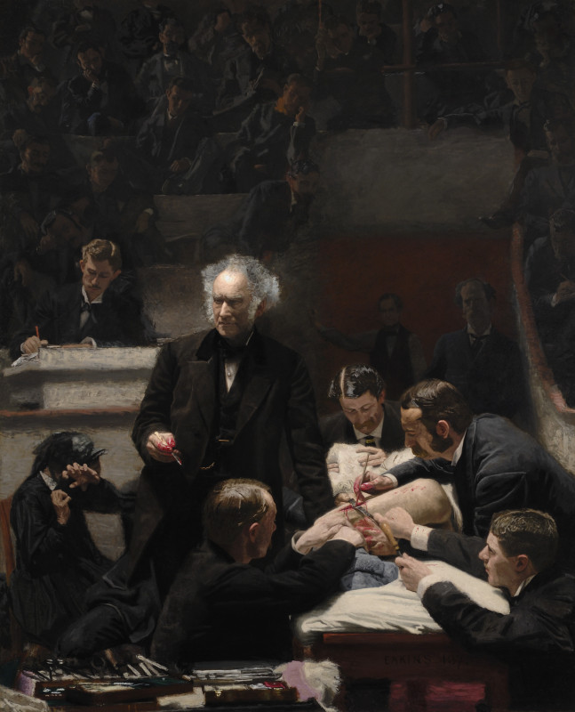 A large, dramatic oil painting showing Dr. Samuel D. Gross performing surgery in a lecture hall, surrounded by medical students observing attentively, with realistic anatomy, dramatic lighting, and intense expressions conveying the seriousness and tension of the surgical scene.