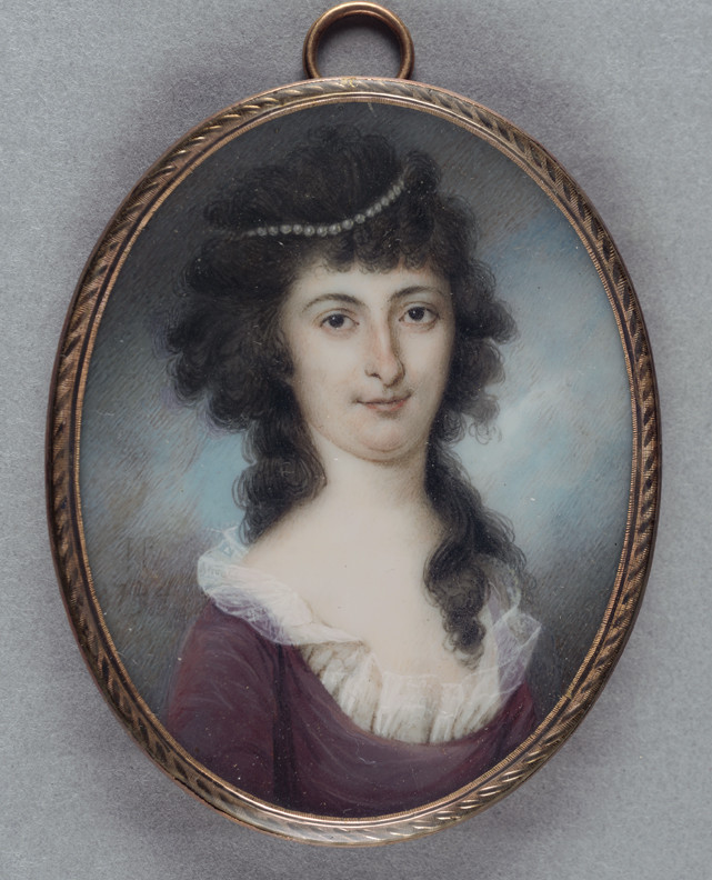 Oval portrait of a woman with dark curly hair adorned with a pearl strand. She wears a maroon dress with a white ruffled collar, set against a soft blue background.