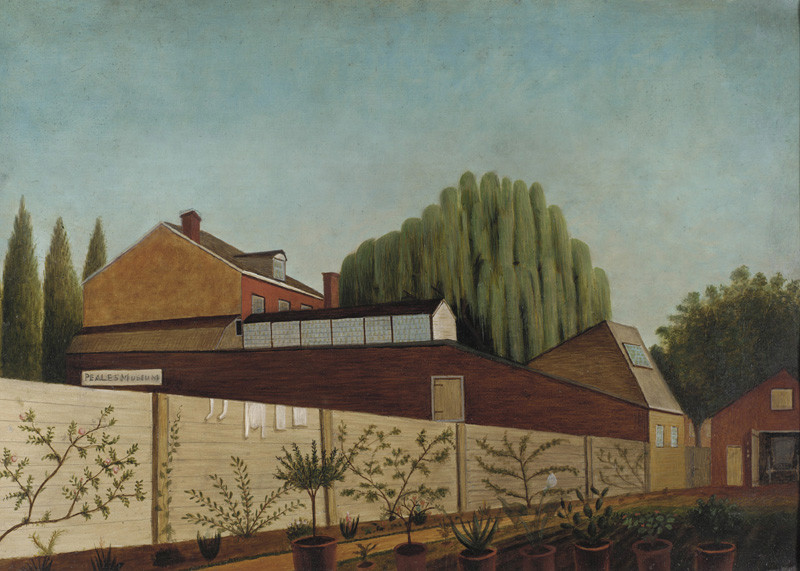 Painting of a garden with potted plants in front of a building labeled "Peale's Museum." Tall trees and a clear blue sky give a serene, historical feel.