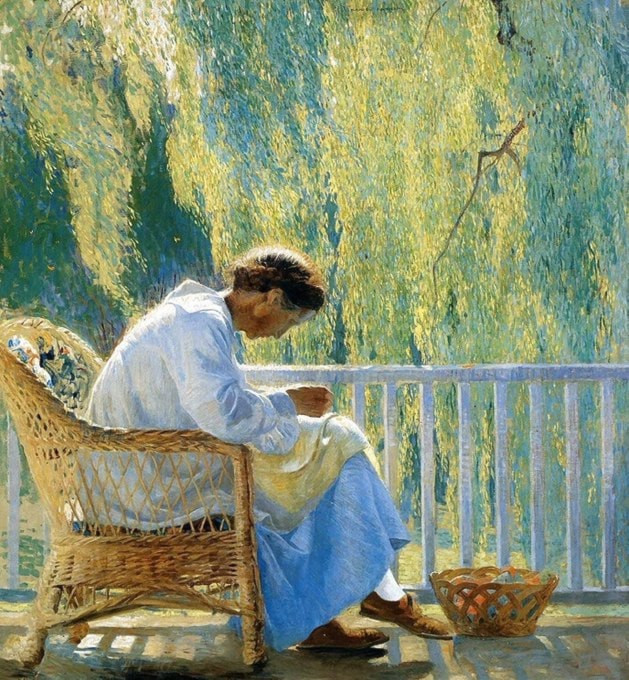 A woman sits in a wicker chair on a sunlit porch, sewing. She is surrounded by the dappled light and shade of willow trees, evoking a serene, contemplative mood.
