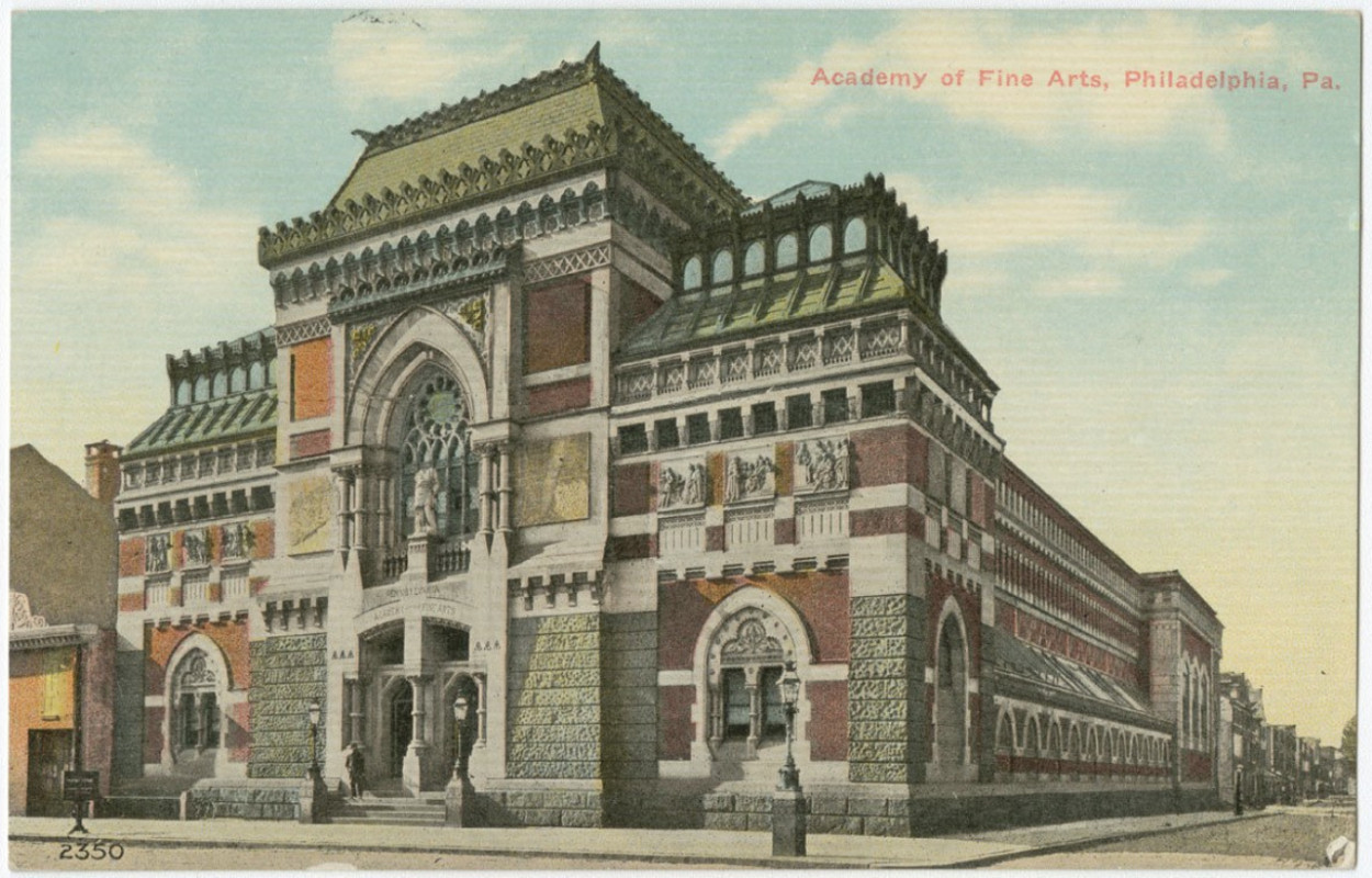 A historic postcard of the Academy of Fine Arts in Philadelphia shows an ornate building with intricate architectural details and a grand entrance.