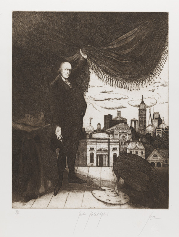 An etching depicts a historical figure lifting a large, fringed curtain to reveal a panoramic Philadelphia cityscape with a turkey and artist's palette in the foreground.