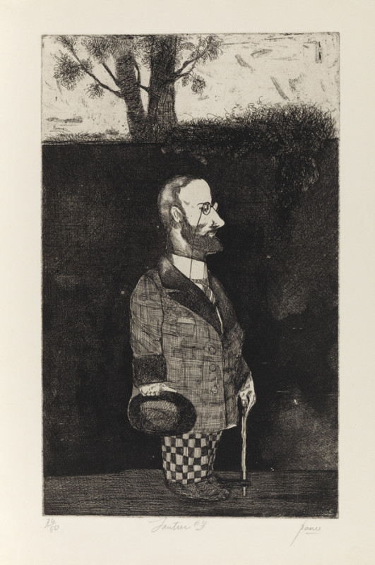A black-and-white etching depicts a stylized profile of Henri de Toulouse-Lautrec standing in a dark landscape, wearing a checkered lower garment, holding a bowler hat, and leaning on a walking stick.