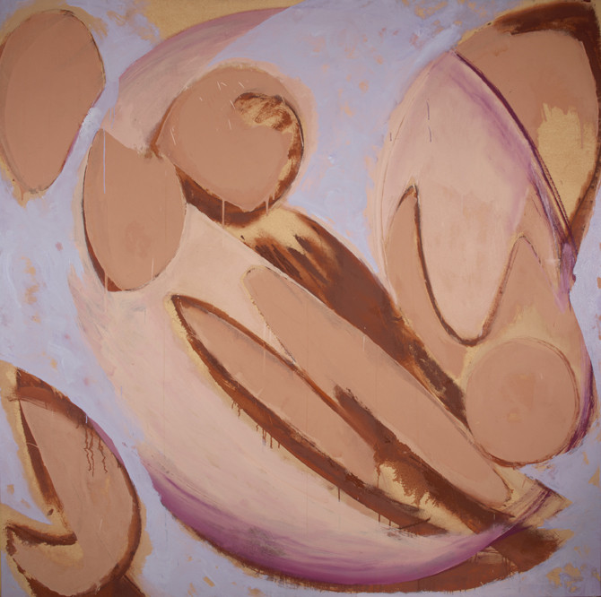 Abstract painting featuring large, overlapping peach and brown shapes on a soft lavender background. The composition is dynamic and flowing.
