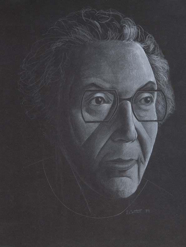 Black and white portrait of an older person with glasses, looking thoughtfully to the side. The artwork uses shading to create depth on a dark background.