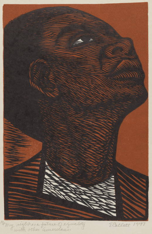 Stylized portrait of a person gazing upward against a rust-colored background. Bold lines create a contemplative and hopeful expression.