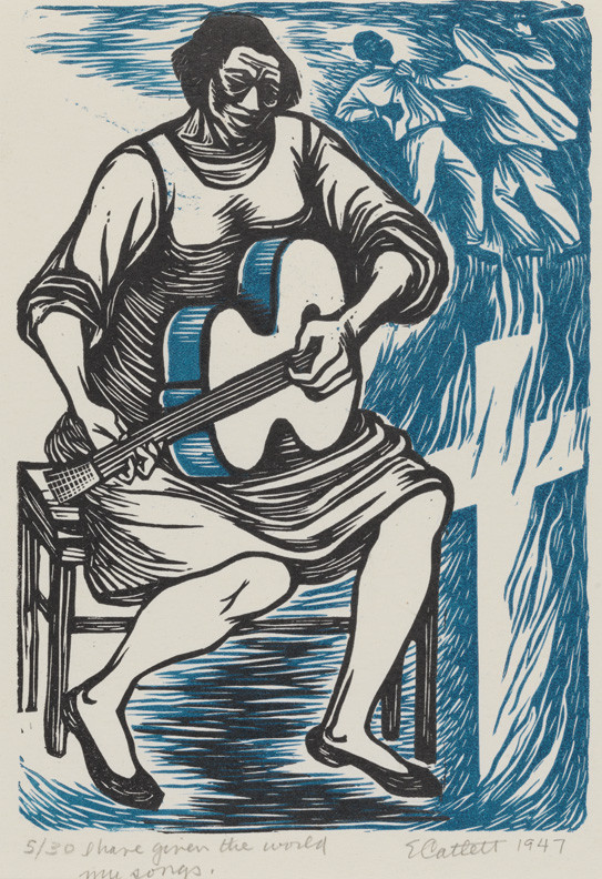 A linocut print shows a woman seated, playing a guitar with closed eyes, conveying a sense of focus. Blue and white figures appear in the background.