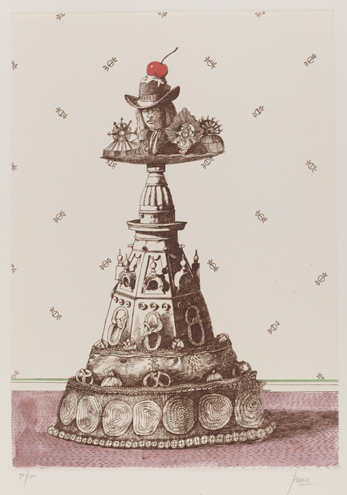 A detailed etching depicts an ornate, multi-tiered cake resembling a monument, topped with a bust of William Penn wearing a hat with a bright red cherry on top, set against a patterned background.