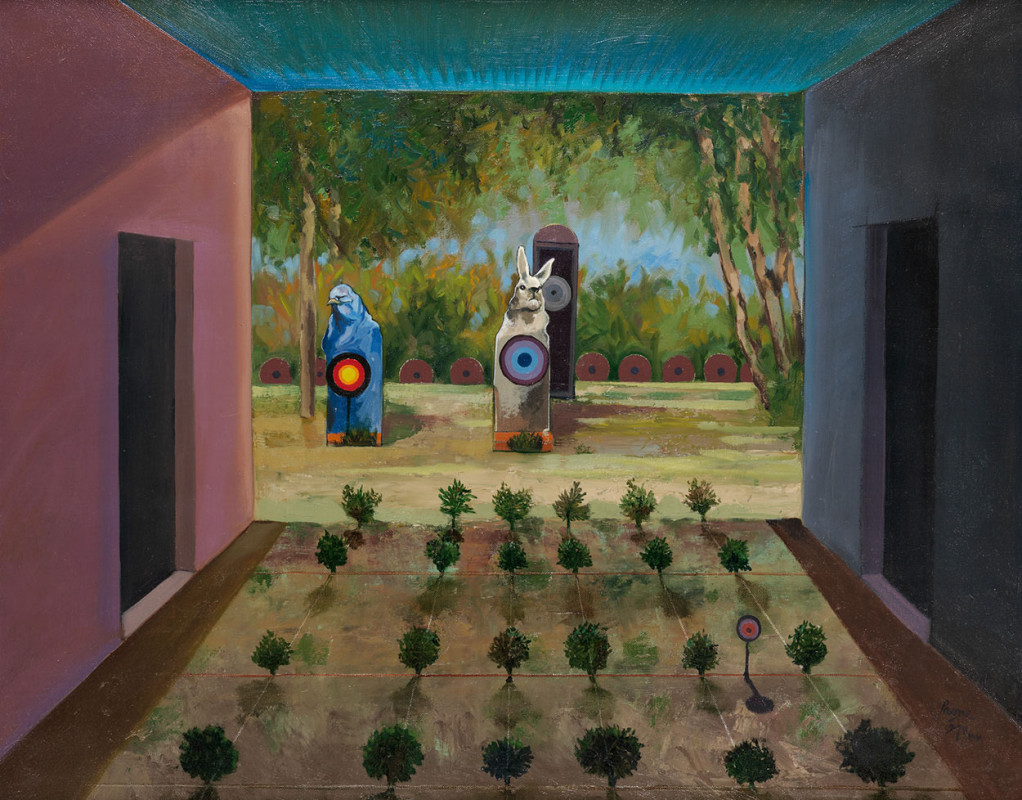A surreal oil painting depicts a grid of small potted plants leading toward an outdoor shooting gallery with anthropomorphic target figures, including a blue bird and a white rabbit.