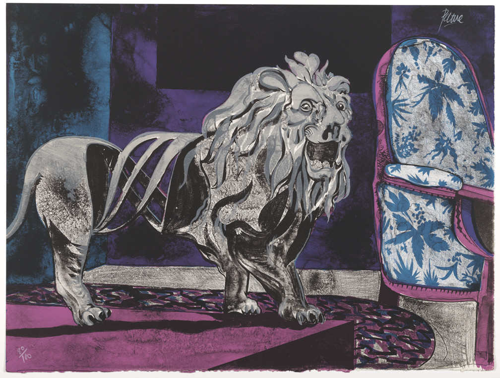 A surreal color lithograph depicts a roaring, hollow-ribbed lion standing in a dark purple interior next to a high-backed armchair patterned with blue foliage.