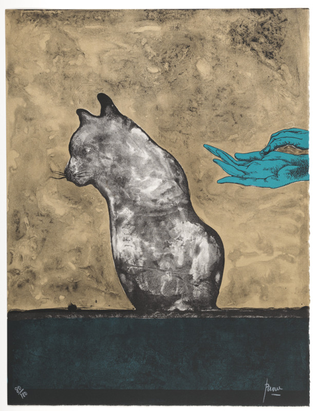 A profile view of a dark, textured cat statue or figure facing left against a golden-brown marbled background, with a vibrant teal hand extended toward it from the right edge.