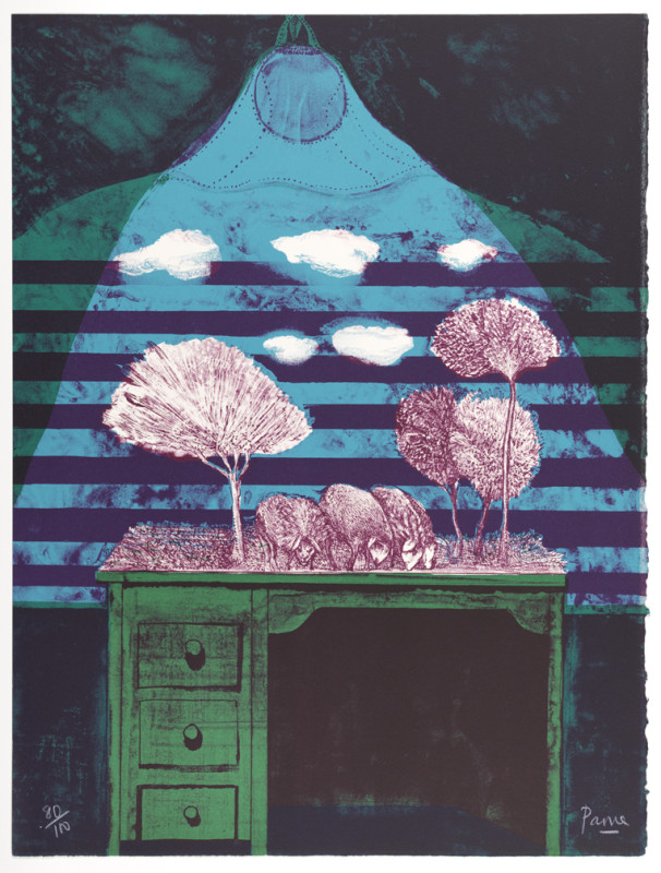 Surreal color lithograph depicting stylized trees and grazing sheep arranged on top of a green wooden desk against a background of bold purple and blue horizontal stripes illuminated by a conical beam of light.