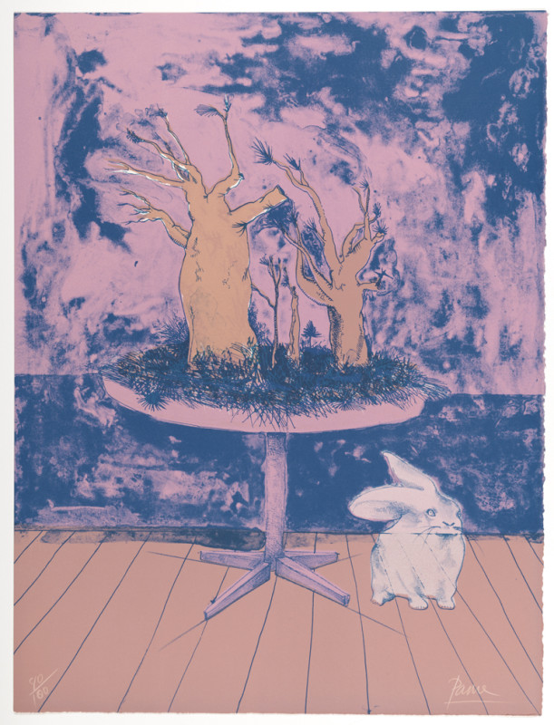 A stylized color lithograph depicts a white rabbit sitting on a wooden floor beneath a round table holding miniature bare trees, set against a dreamlike pink and blue background.
