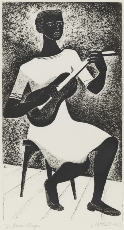A person in a white dress sits on a chair, playing a stringed instrument. The monochrome artwork conveys a sense of calm and introspection.