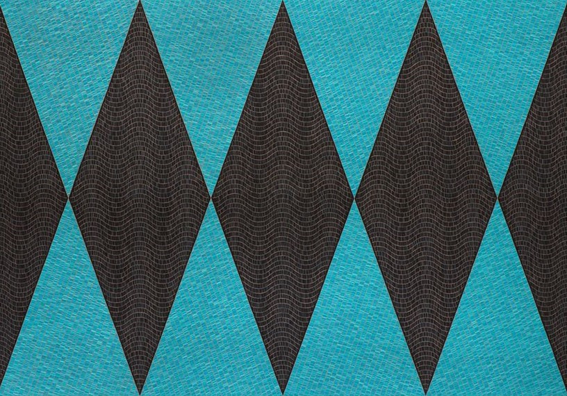 Abstract design featuring a series of alternating black and turquoise diamond shapes. Black diamonds have wavy lines, creating a dynamic, rhythmic pattern.