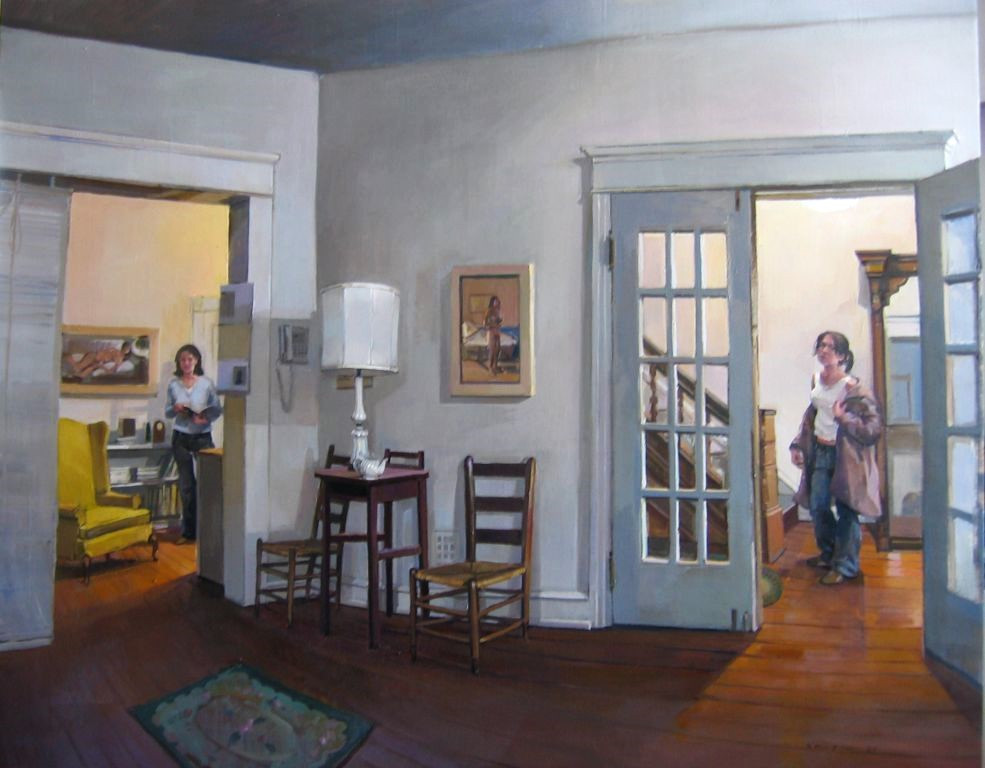 An oil painting depicts a interior view of a house where a woman stands in a brightly lit room to the left, while another woman enters through a glass paneled doorway on the right.