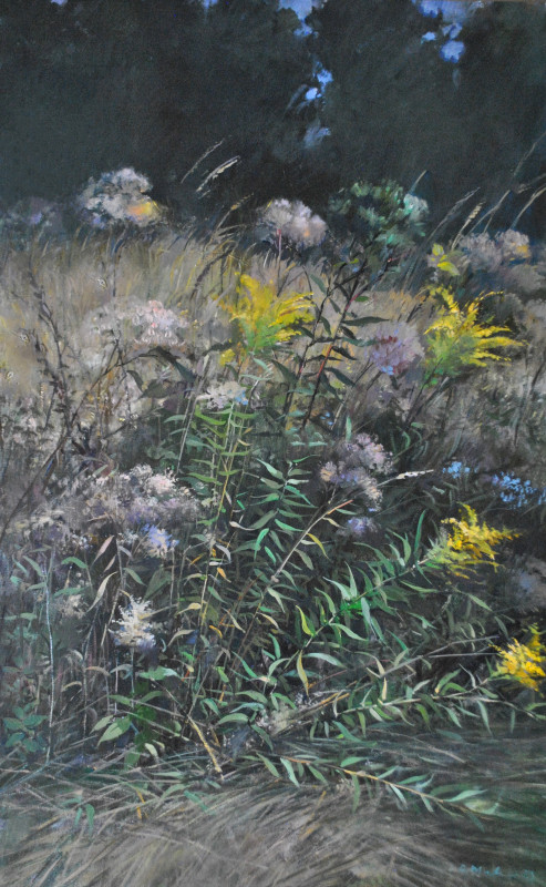 A textured oil painting depicts a dense patch of wild, drying field grasses and yellow wildflowers reaching toward a dark, shadowed background.