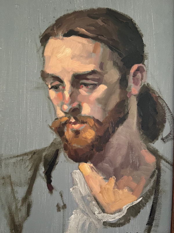 An impressionistic oil painting of a bearded man with long brown hair tied back in a low ponytail, looking downward with a pensive expression against a muted grey background.