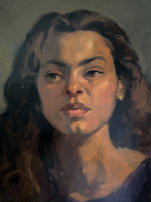 An oil painting captures a close-up portrait of a woman with long, dark wavy hair looking thoughtfully to the left under warm, dramatic lighting.